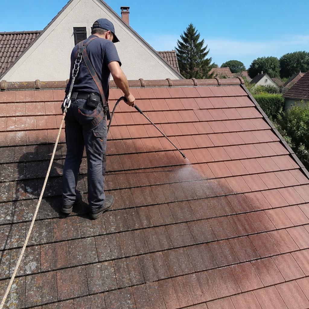 Couvreur professionnel équipé d'un harnais pulvérisant un traitement anti-mousse sur une toiture